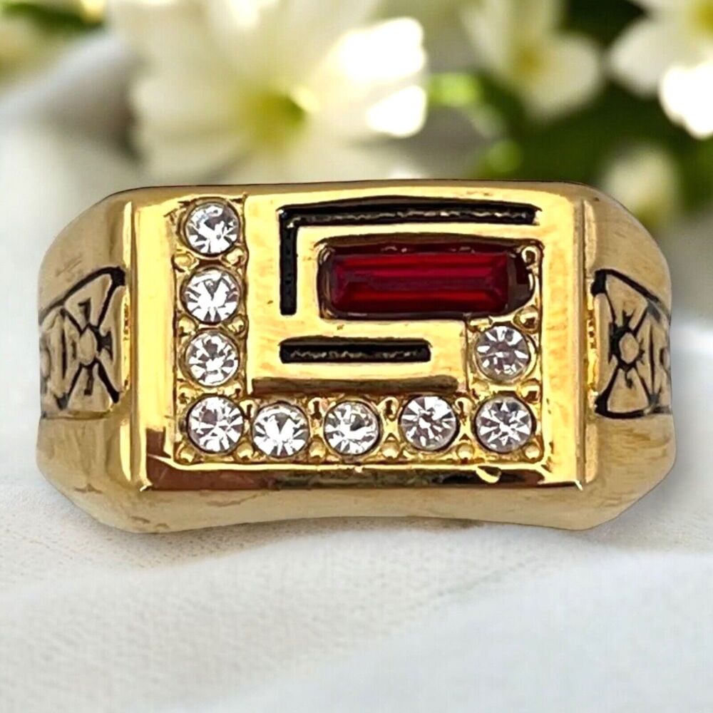 Vintage Uncas Ring Size 8.5 Red Clear Crystal Art Deco 14KT Gold Plate Gents 14Q